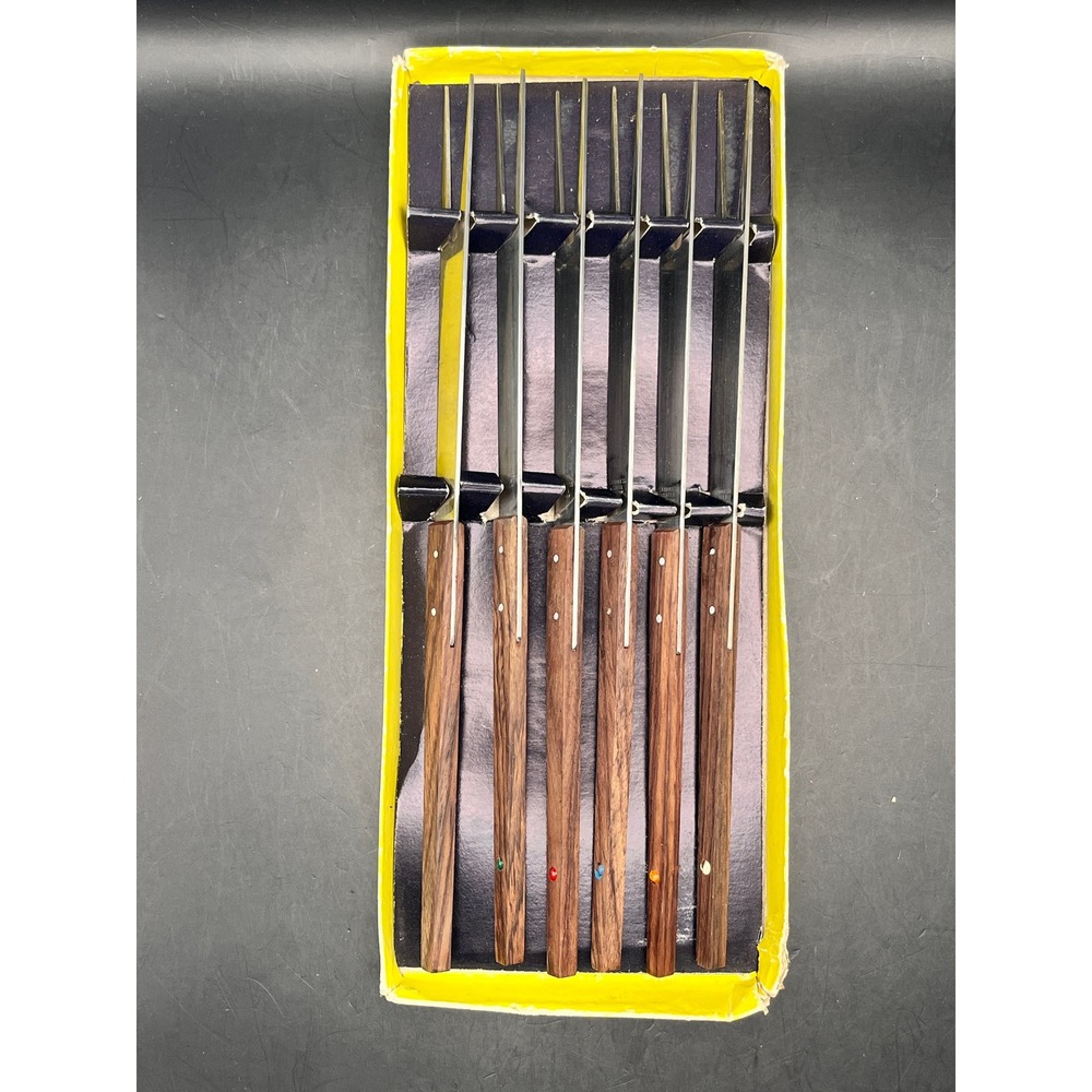 Vintage Fondue Forks Set of 6 Stainless‎ Steel Wood Handles Color Dot Japan MCM